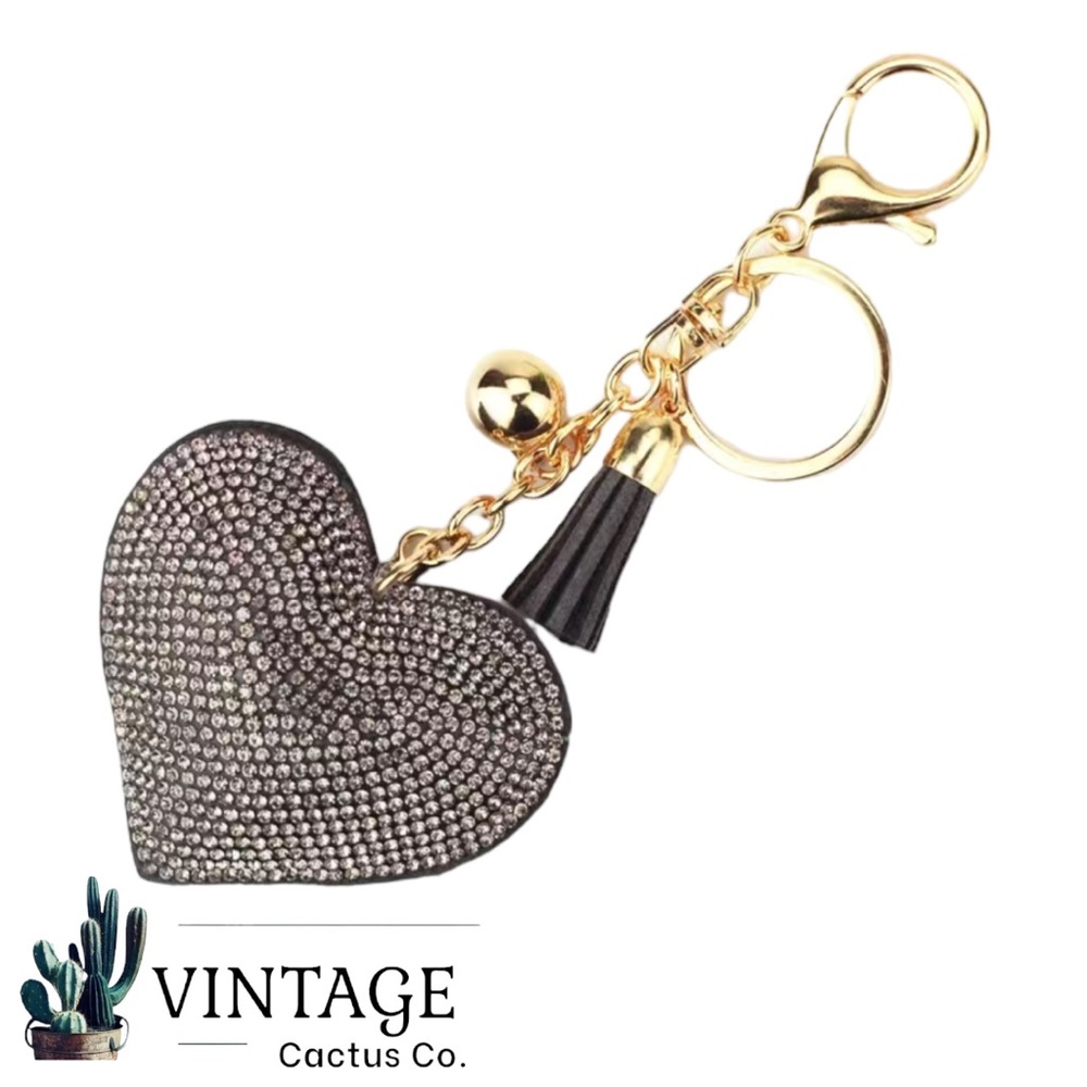 New! Super Cute Rhinestone Heart Shaped Bag Charm/Keychain! (Gray w/Gold)